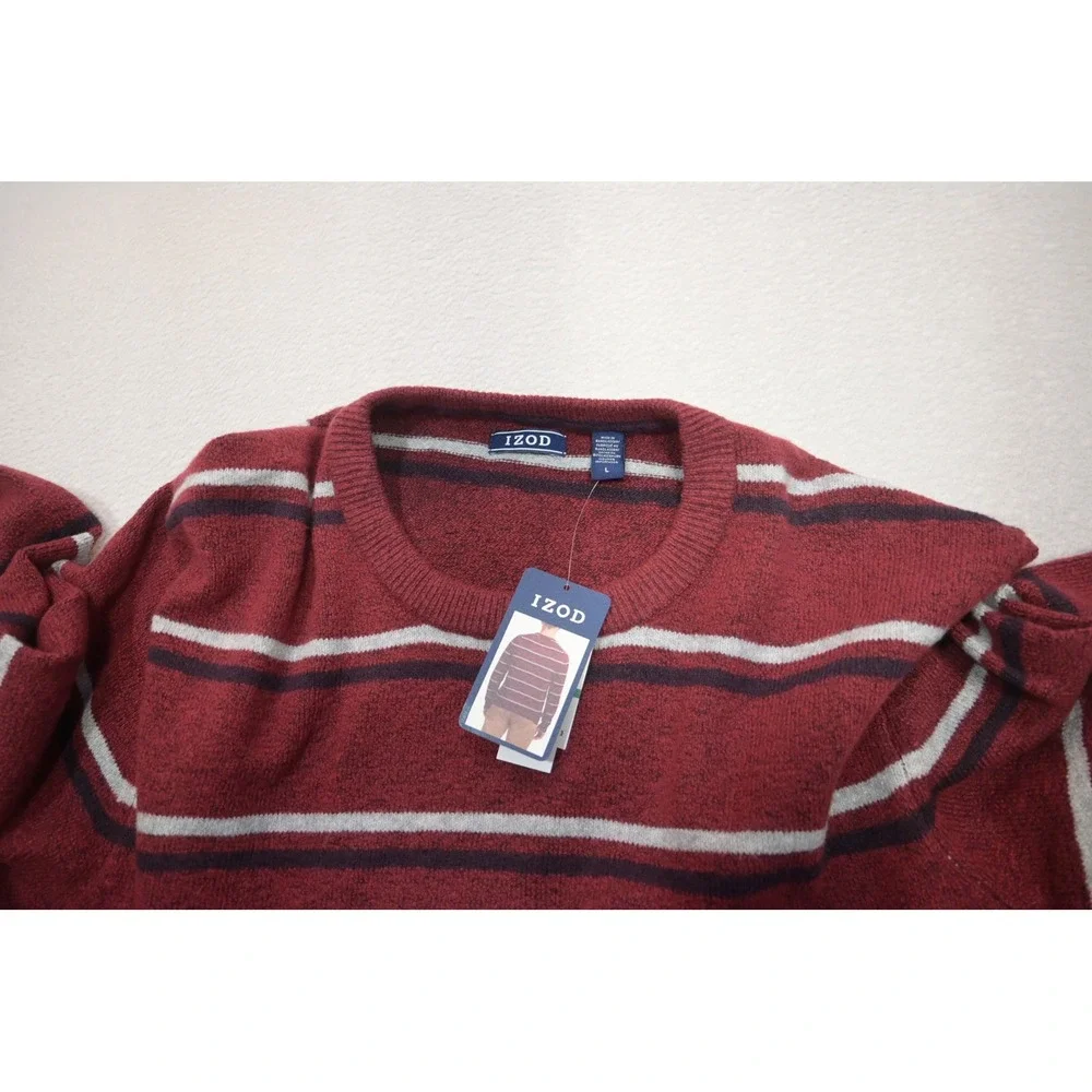 Izod Sweater Mens Large‎ Burgundy Striped Crewneck Cotton Blend Casual NWT